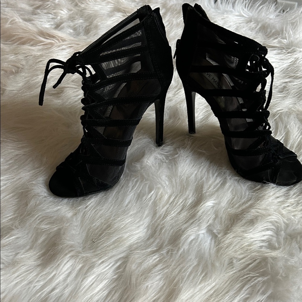 Steve Madden Dax Black Lace-Up Zip-back cow suede high heels 8M 5 inch heel sexy - Picture 6 of 10